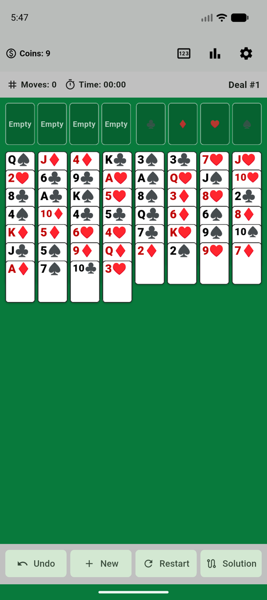 FreeCell deal screen running on Android
